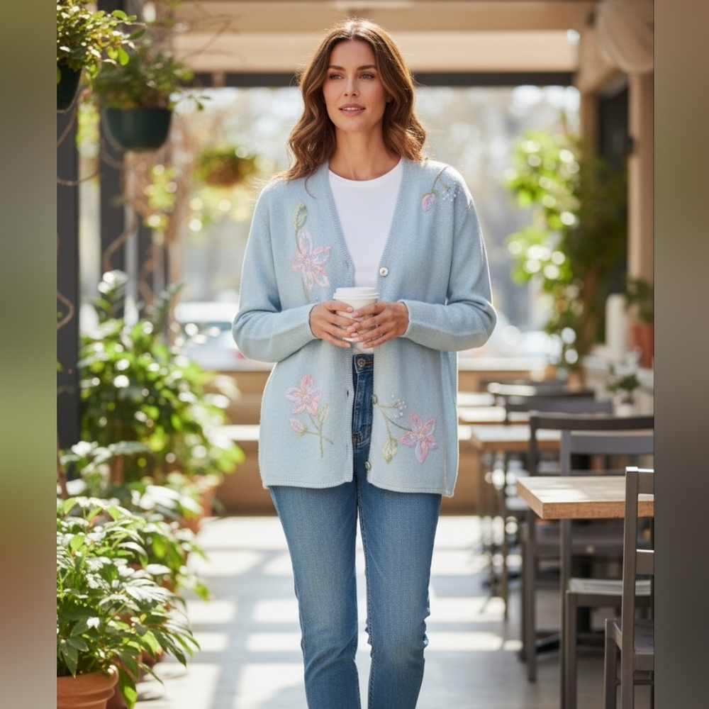 Coldwater Creek Light Blue Floral Wool Rabbit Blend Cardigan Size Medium